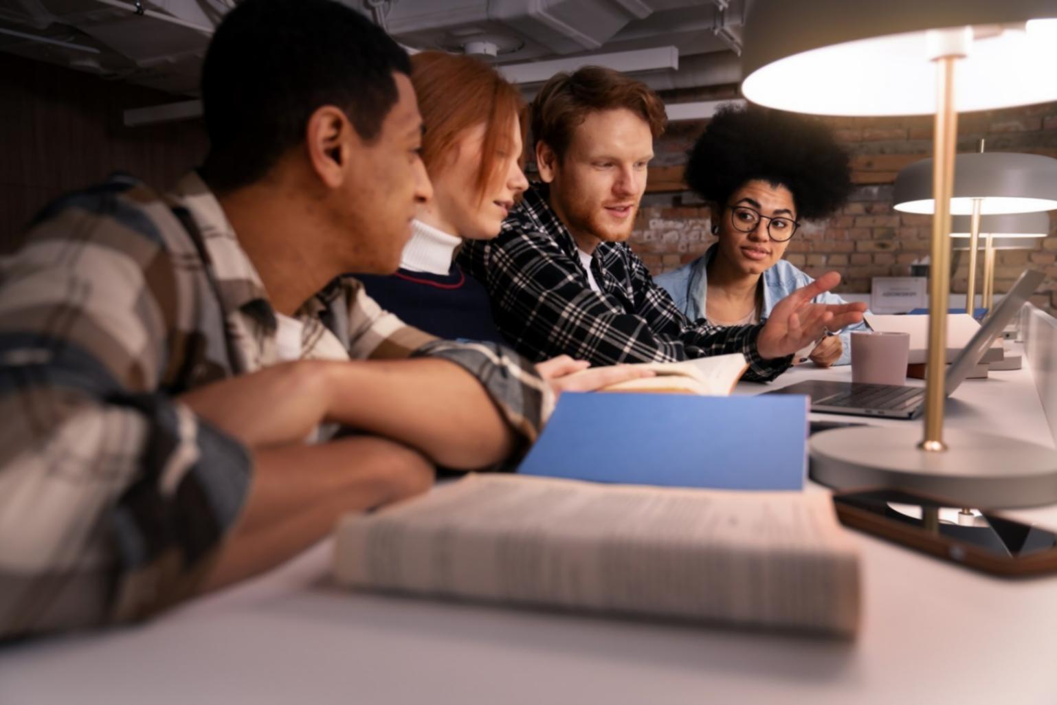 Students analyzing financial data and investment scenarios in collaborative session